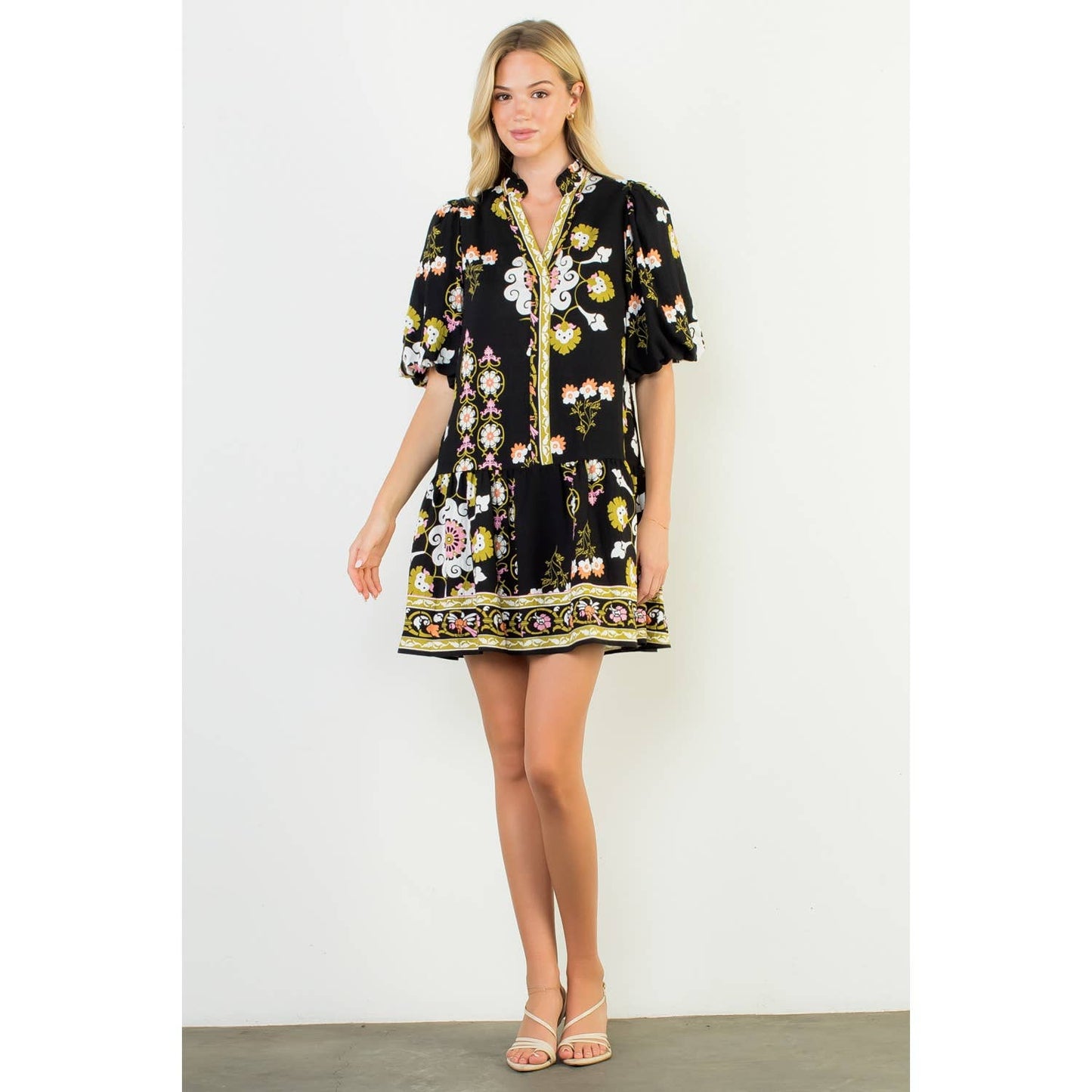 Puff Sleeve V-Neck Floral Mini Dress