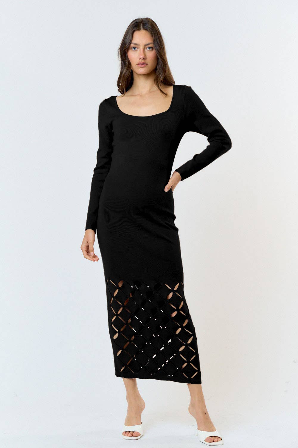 Lala Diamond Cut Out Long Sleeve Sweater Maxi Dress