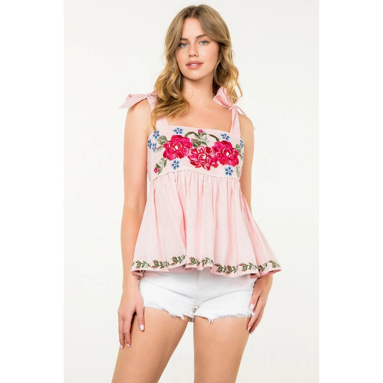 Tie Strap Flower Embroidered Top