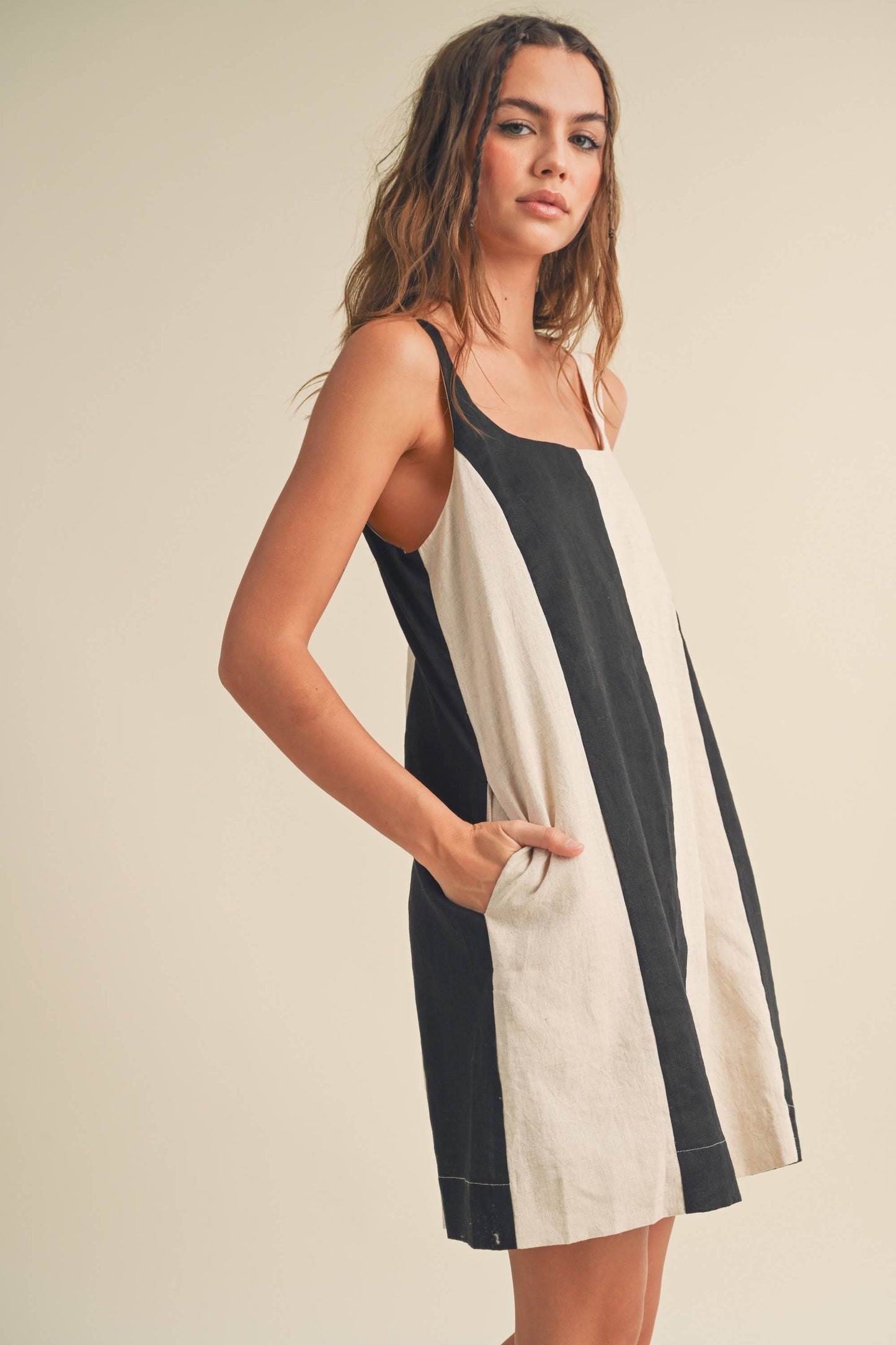 COLOR BLOCK LINEN MINI DRESS