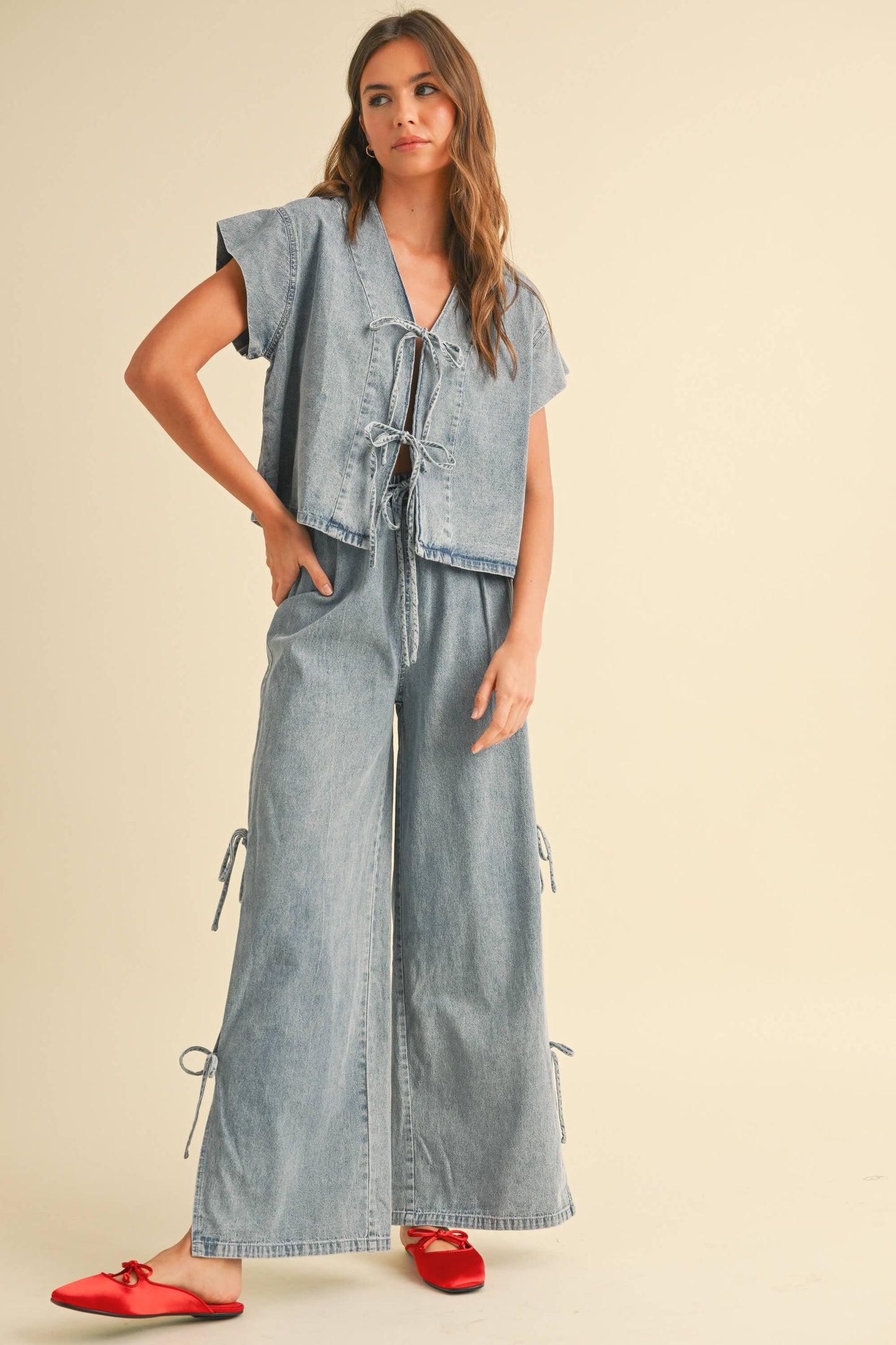 DENIM TIED FRONT BLOUSE