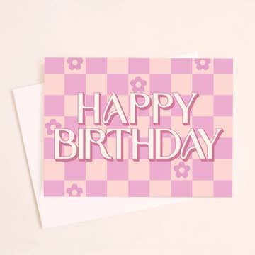Happy Birthday Pink Checkered Greeting Card