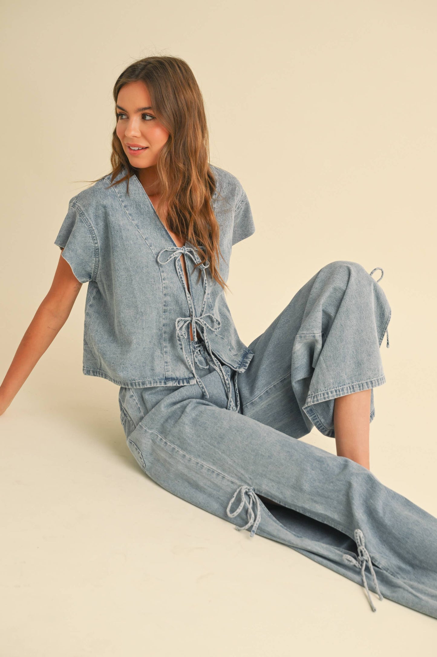 DENIM TIED FRONT BLOUSE