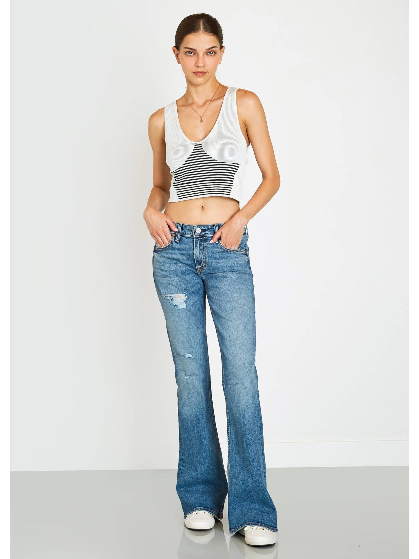 Scarlett Low Rise 70s Inspired Distressed Flare Jeans