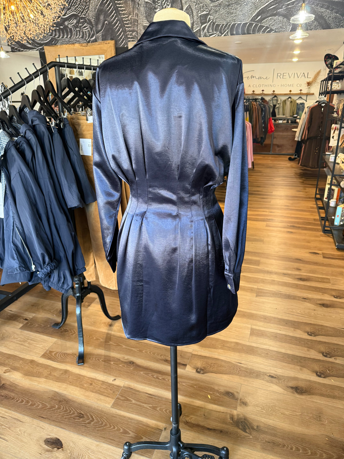 Navy Satin Pleated Dress