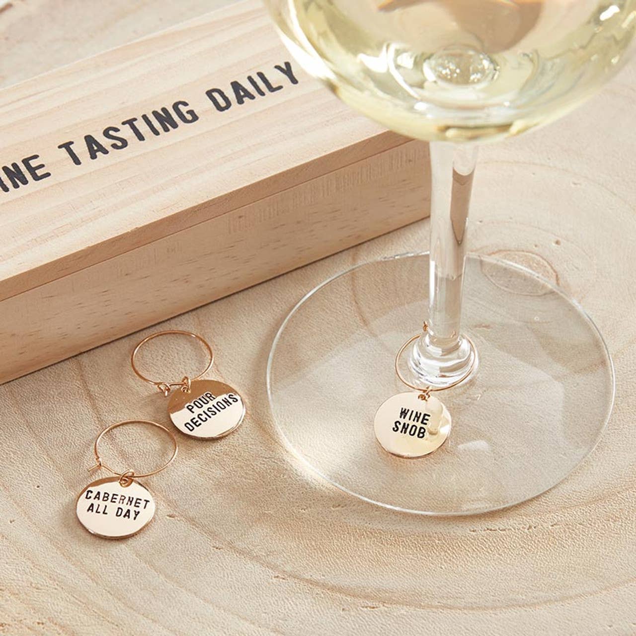 Gold Wine Charms in Pine Box - Wine Tasting Daily