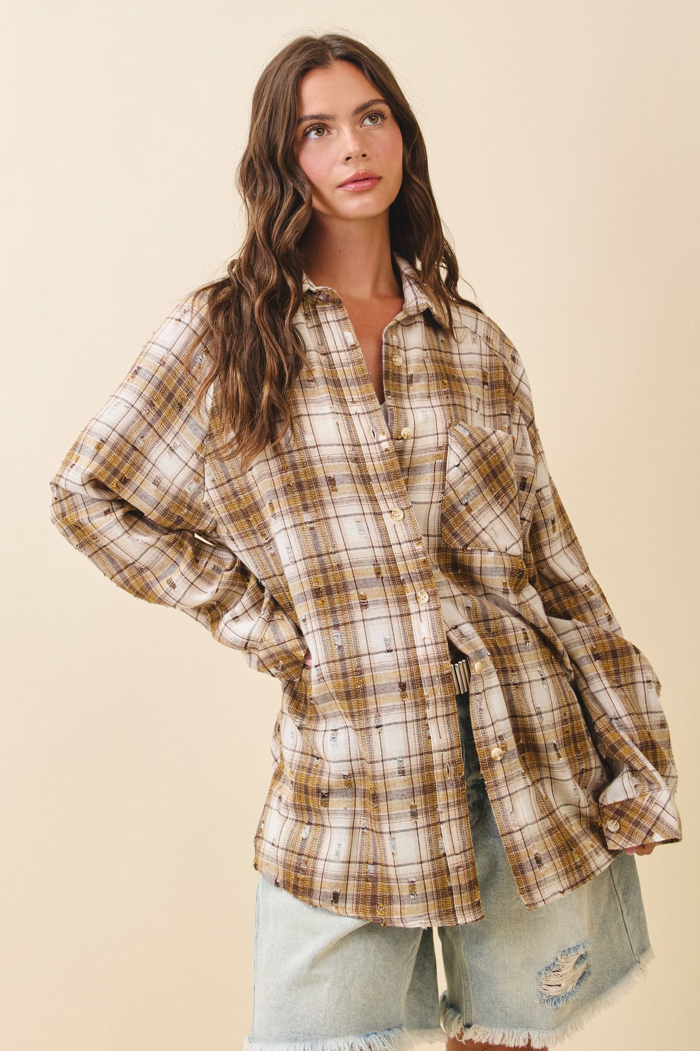 Distressed Plaid Brushed Cotton Button-Down Shirt