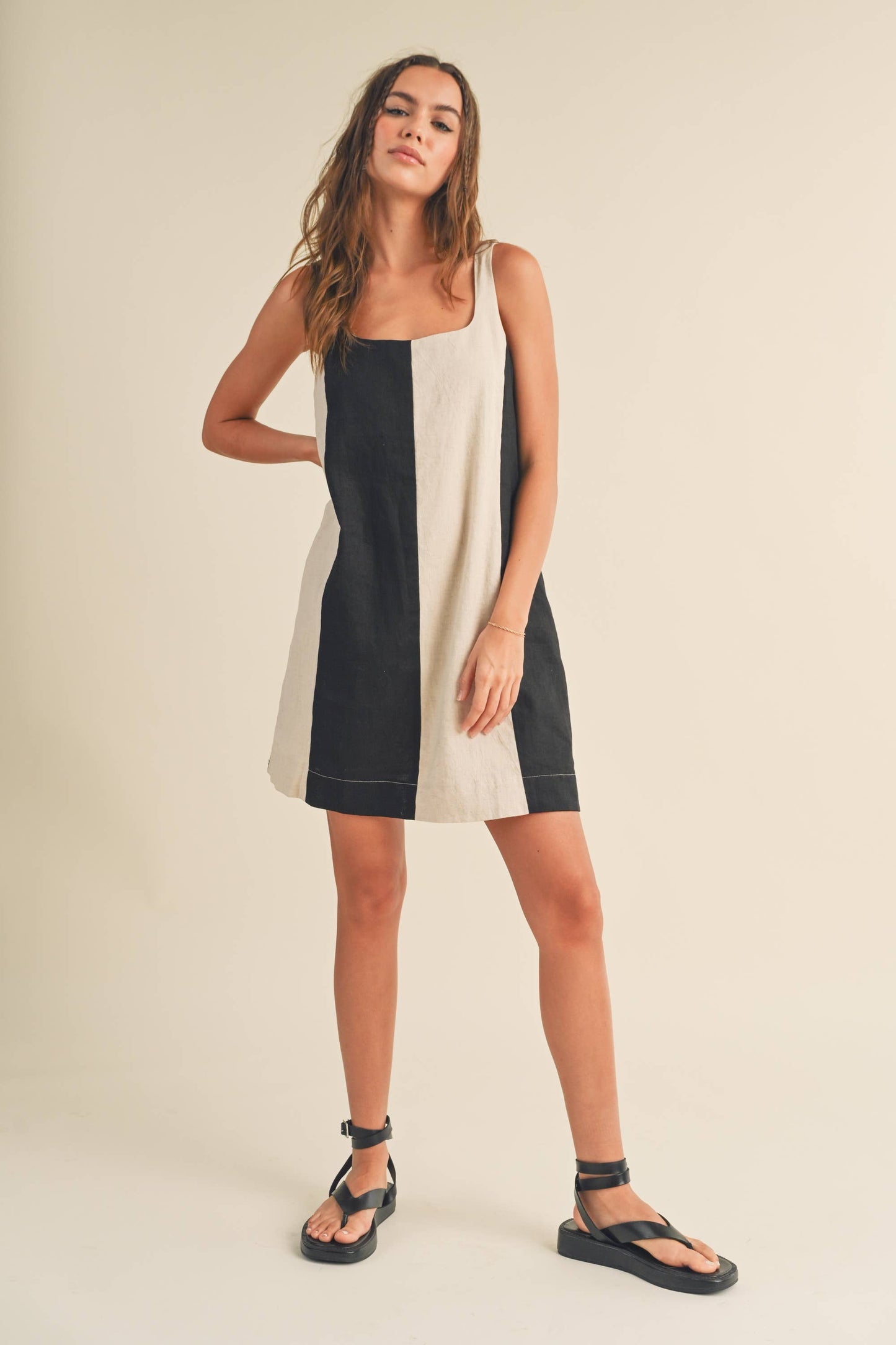 COLOR BLOCK LINEN MINI DRESS