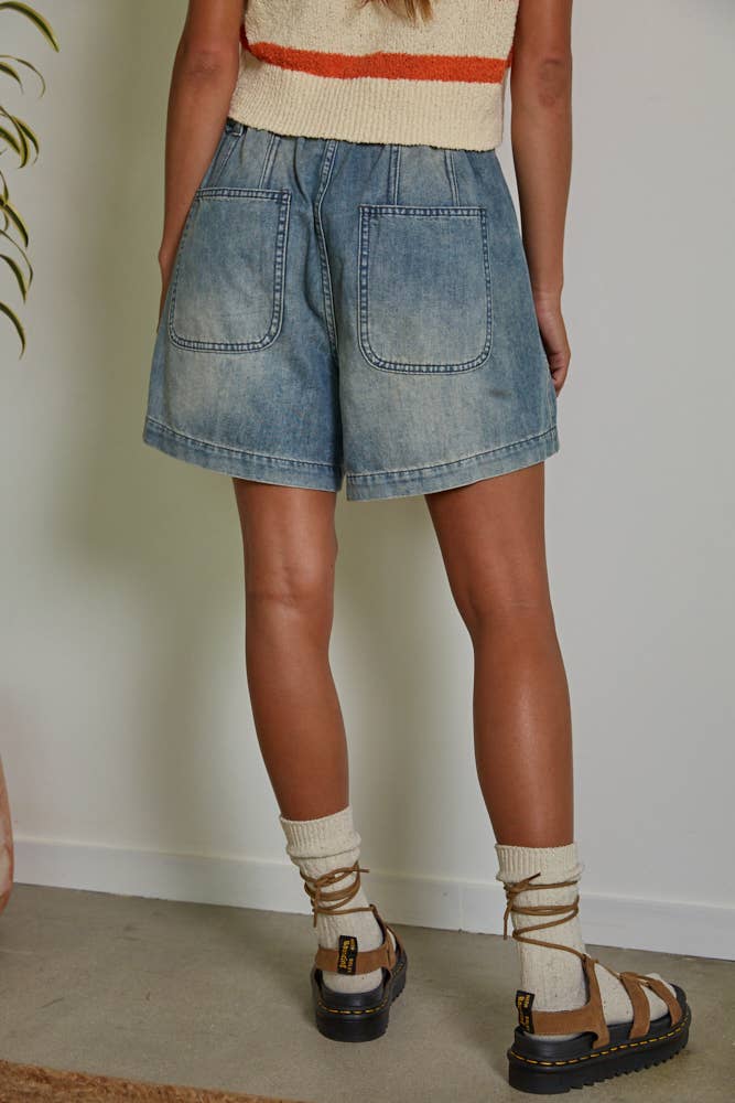 Denim Straight Leg Drawstring Shorts