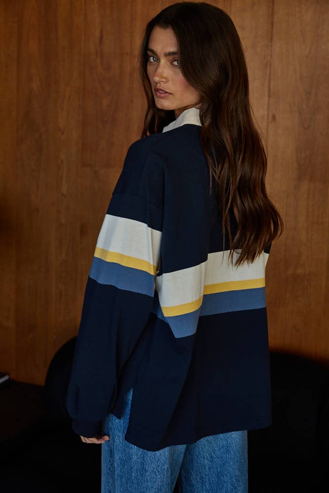 Knit Cotton Printed Striped Jersey Collar Pullover