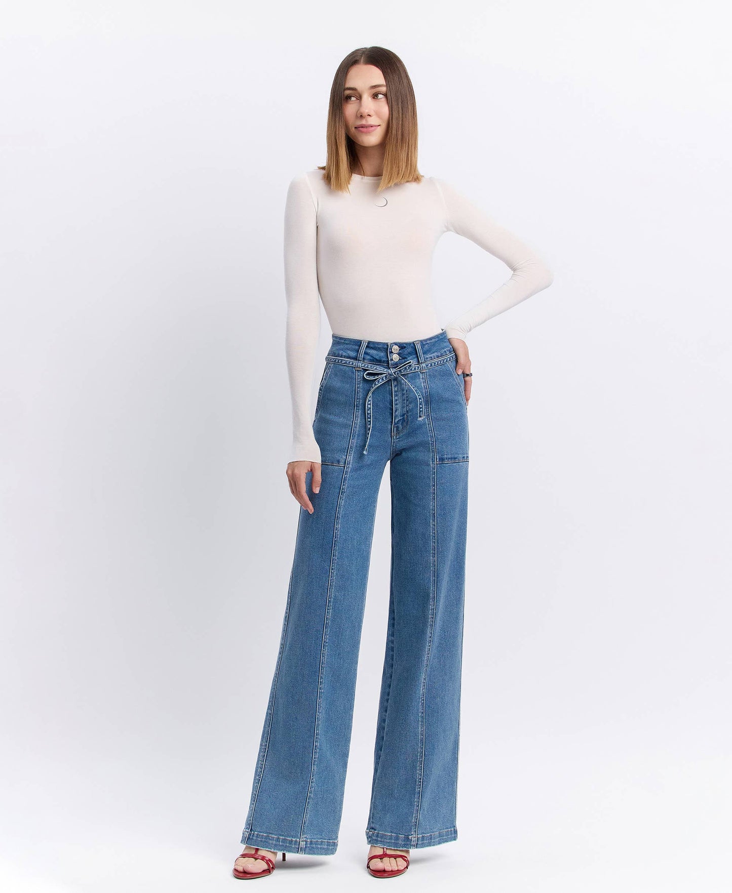 SUPER HIGH RISE TIE WAISTBAND WIDE LEG JEANS -Olivia