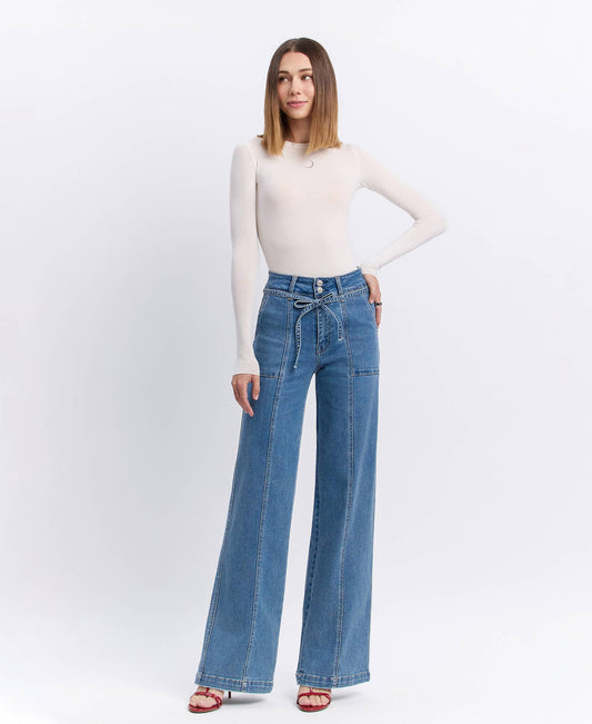 SUPER HIGH RISE TIE WAISTBAND WIDE LEG JEANS -Olivia