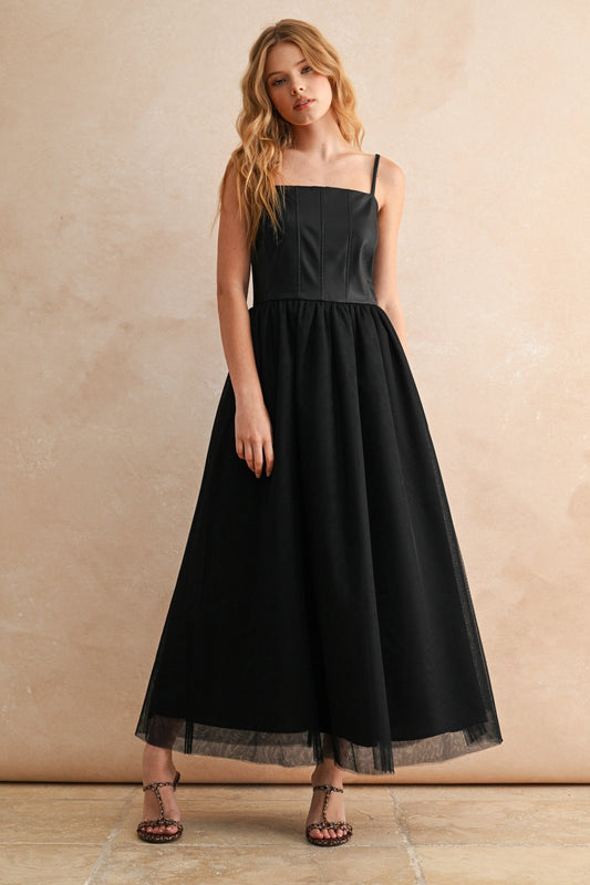 Black Faux Leather Top Tulle Dress