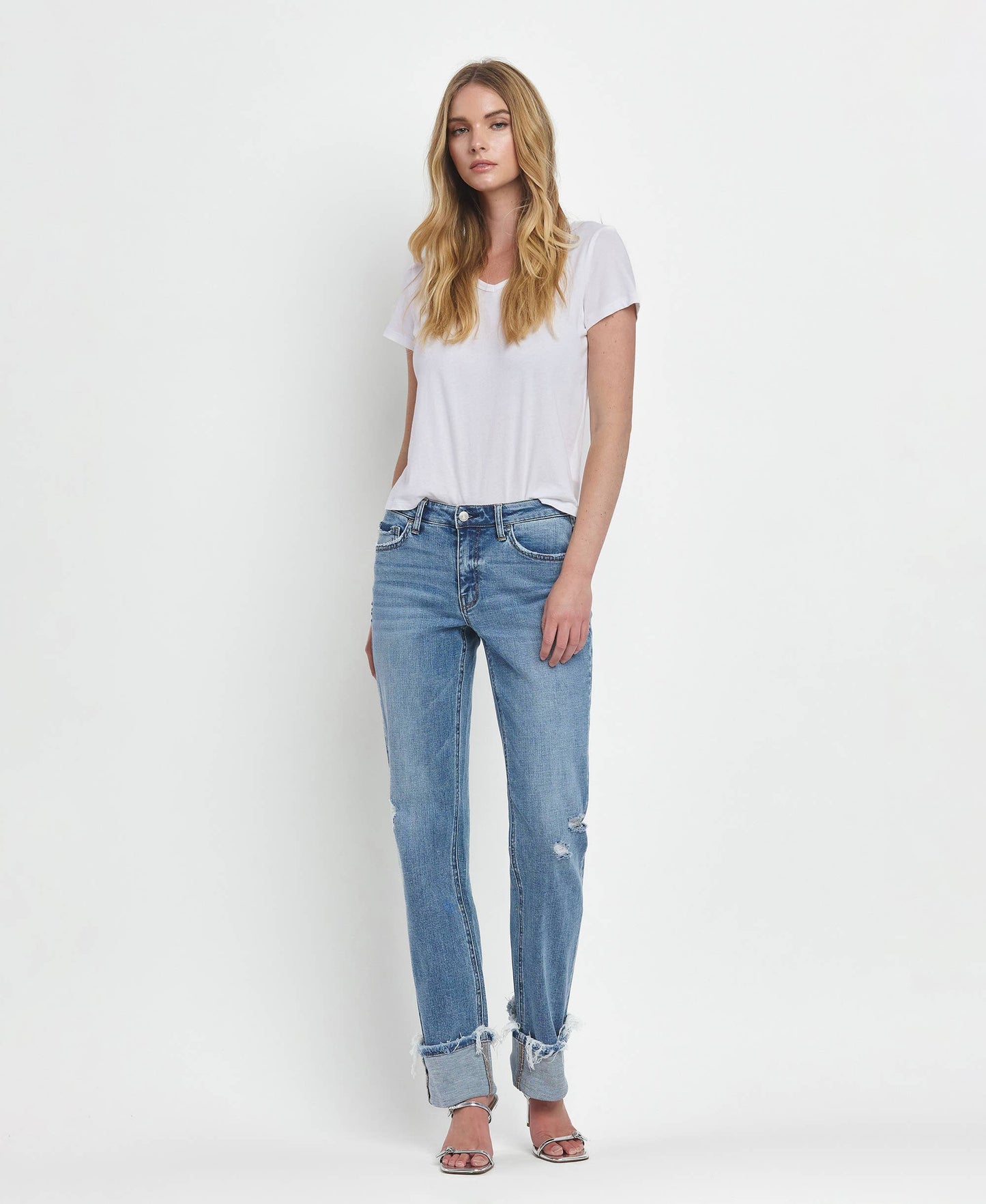 MID RISE CUFFED STRAIGHT JEANS