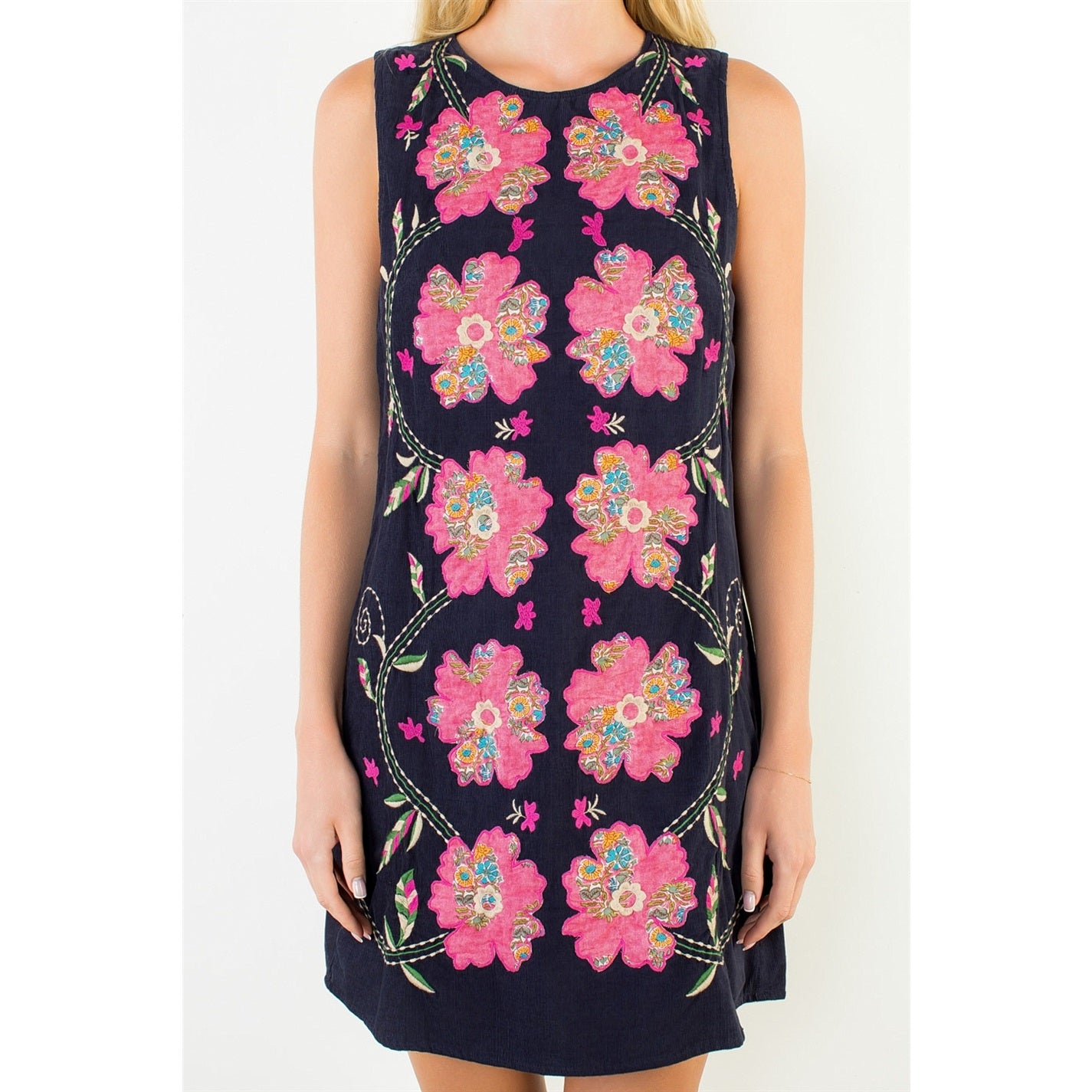 Navy Corduroy Embroidered Dress