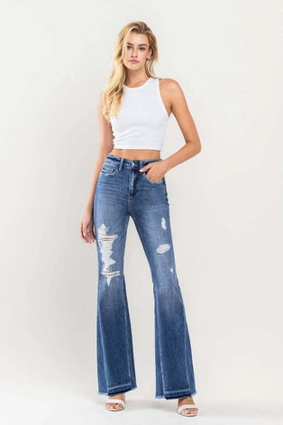 Gaia High Rise Distressed Panel Flare Jeans