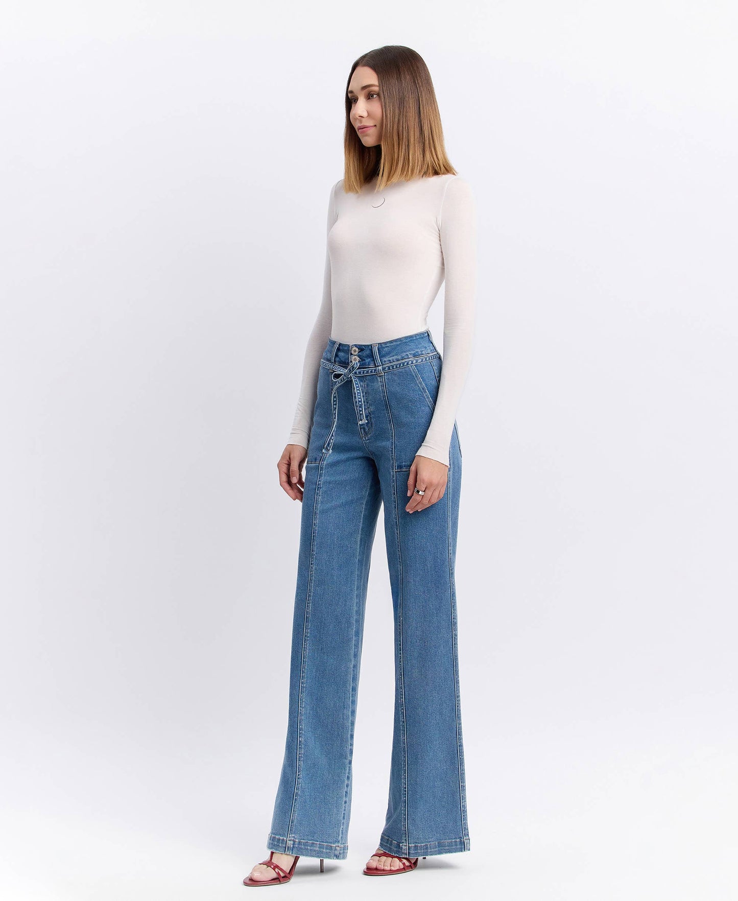 SUPER HIGH RISE TIE WAISTBAND WIDE LEG JEANS -Olivia