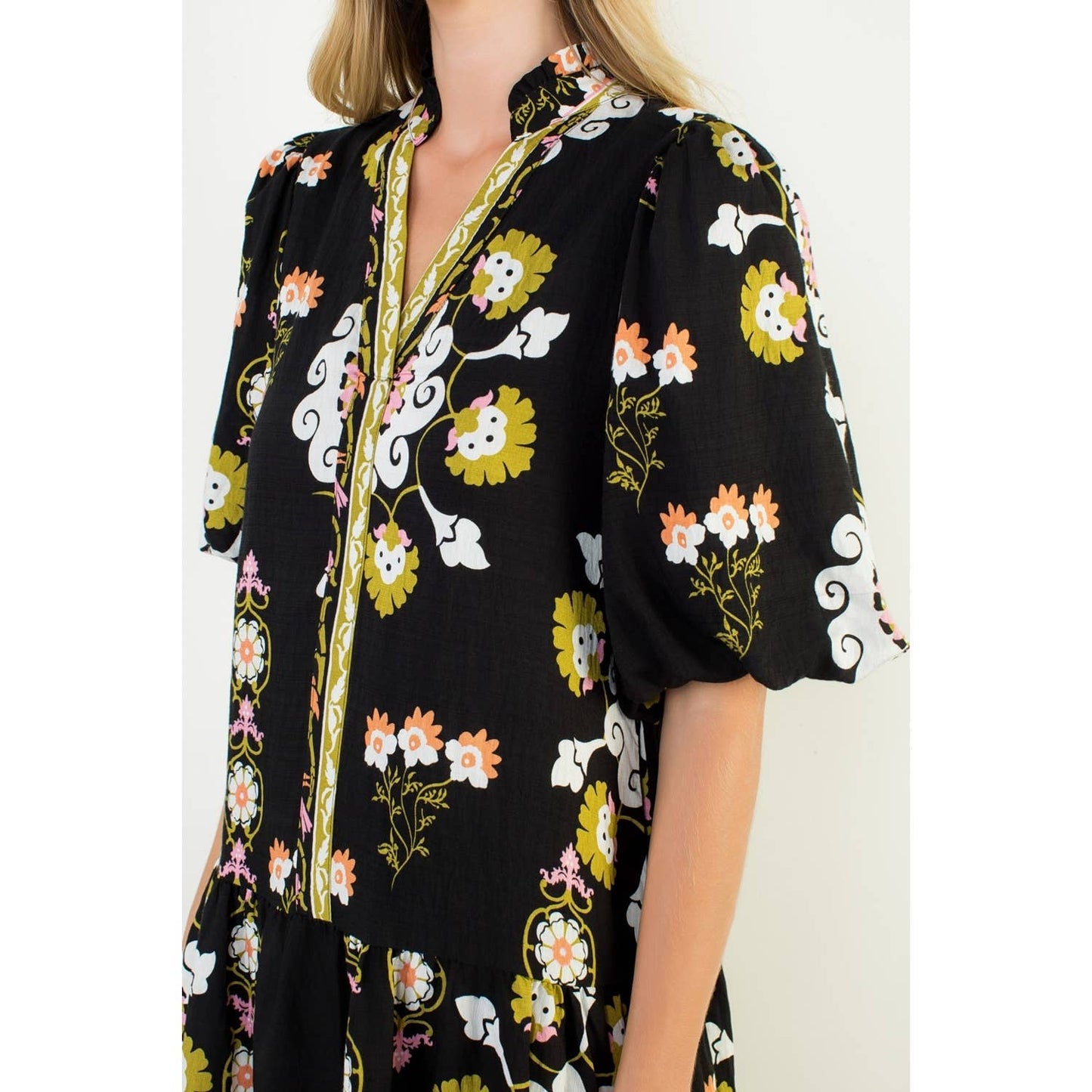 Puff Sleeve V-Neck Floral Mini Dress