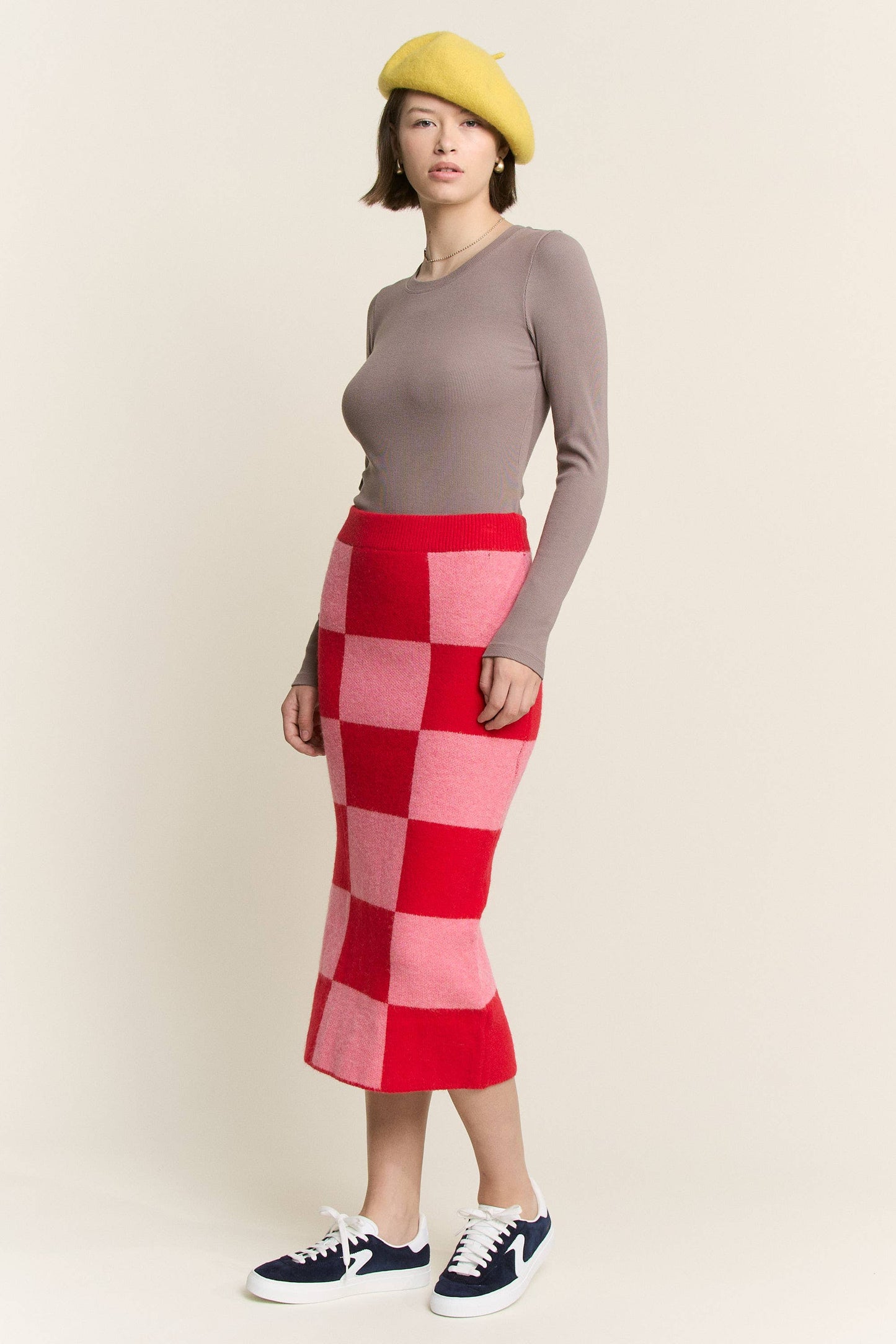CHECKERED KNIT PENCIL MIDI SKIRT