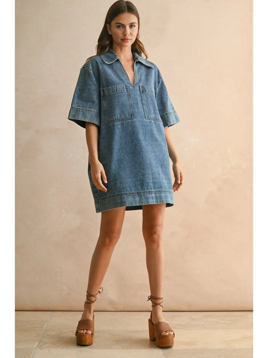 V-Neck Denim Tunic Dress