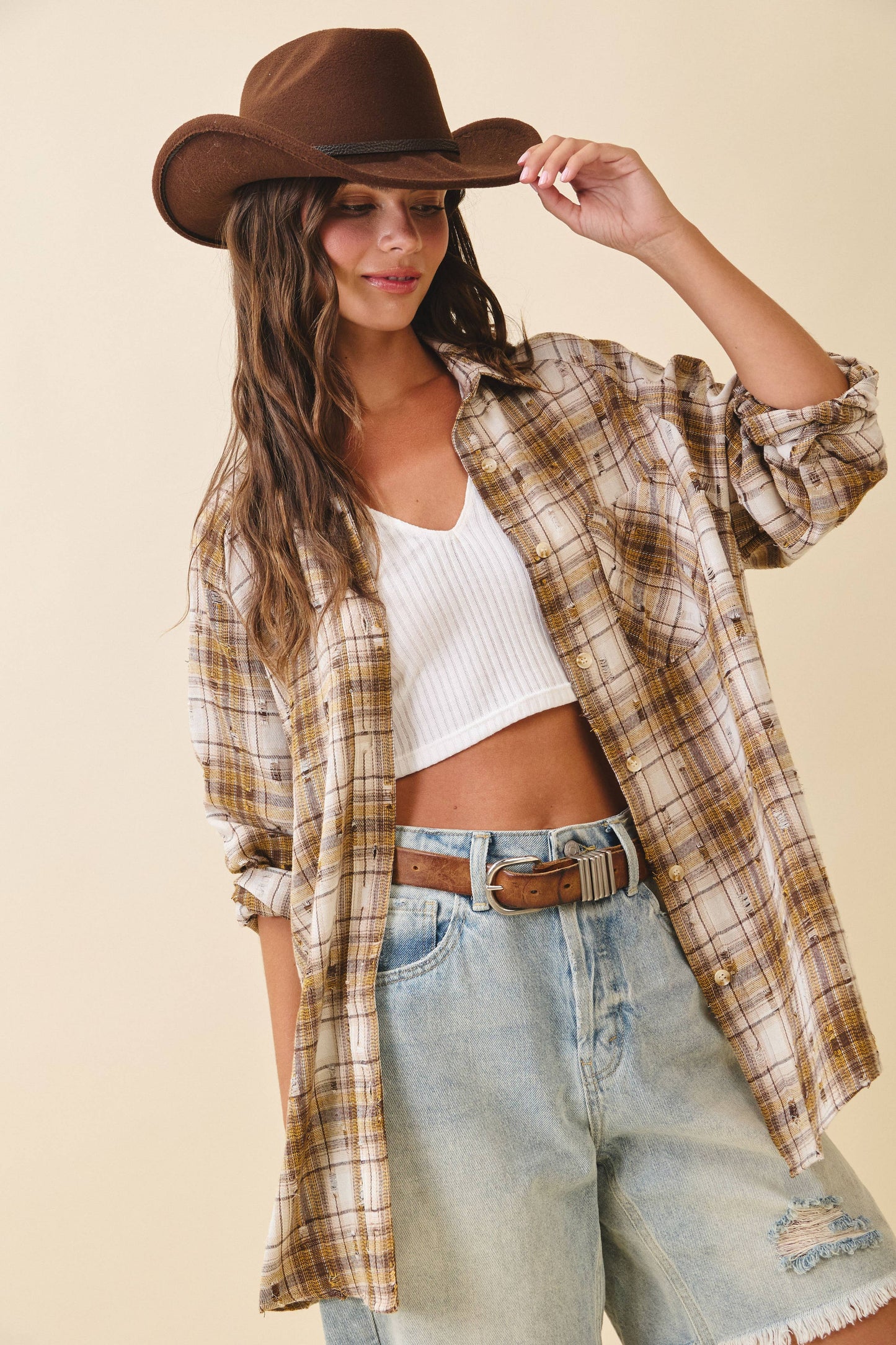 Distressed Plaid Brushed Cotton Button-Down Shirt