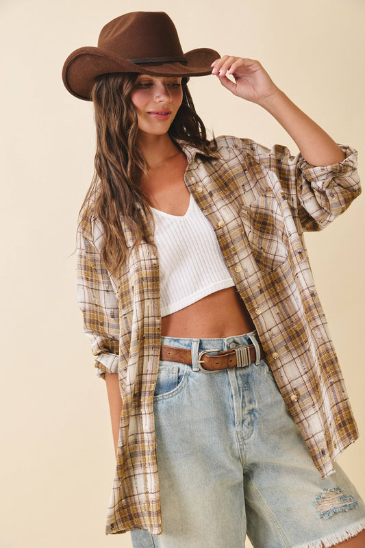 Distressed Plaid Brushed Cotton Button-Down Shirt