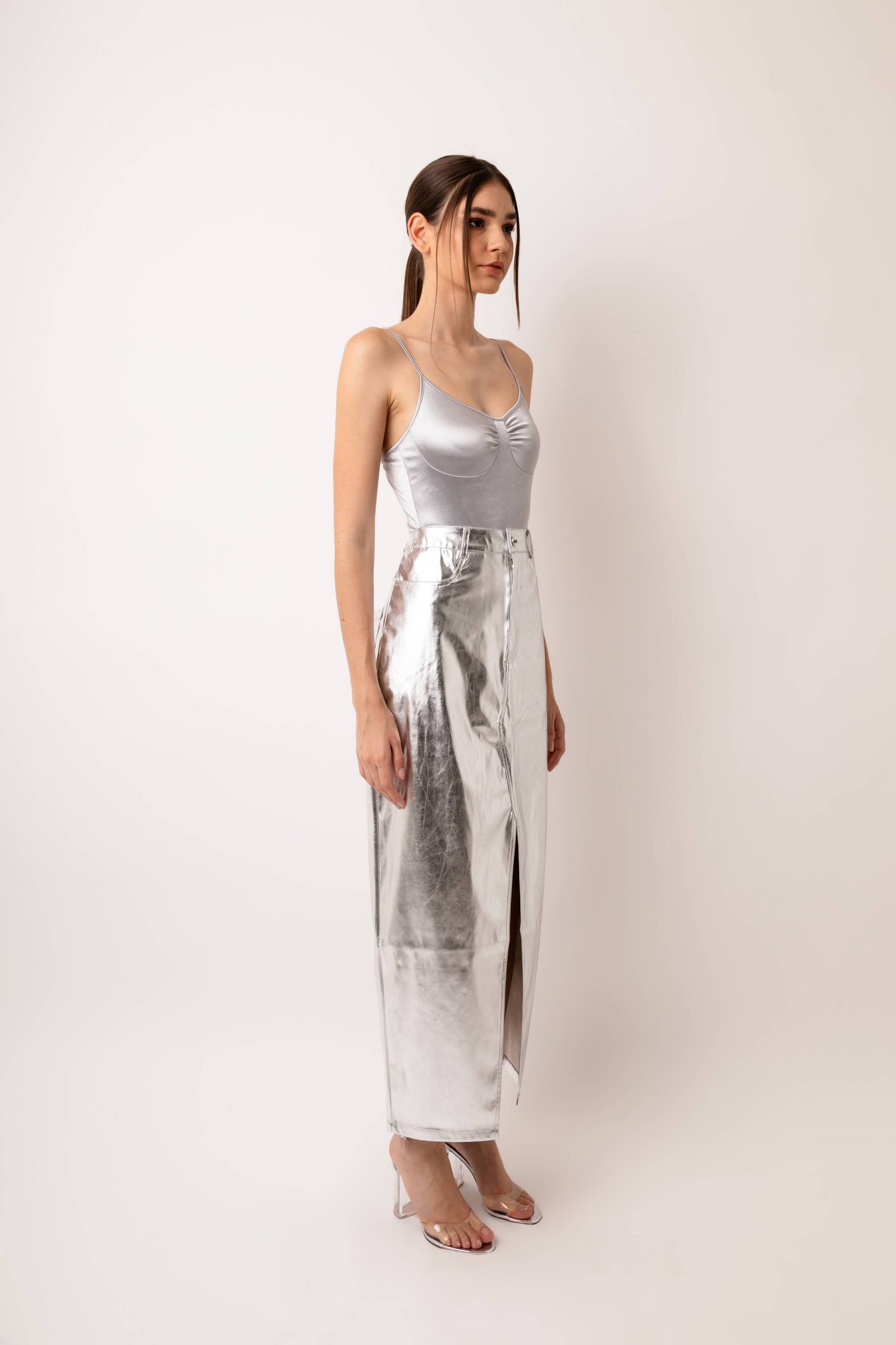 Silver Metallic Maxi Skirt