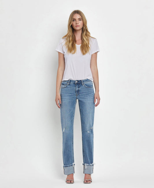 MID RISE CUFFED STRAIGHT JEANS
