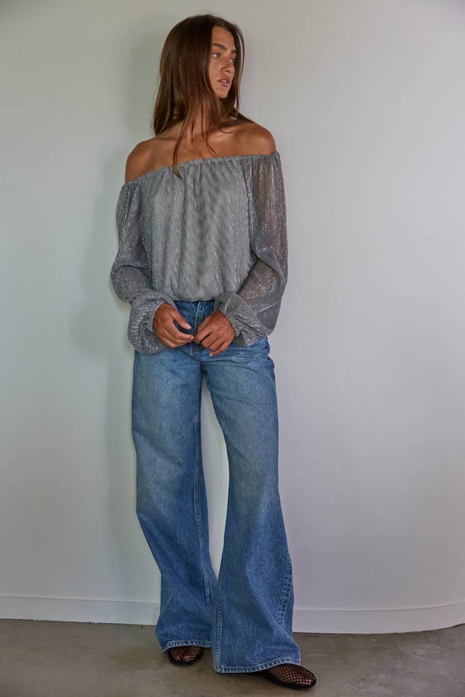 SIlver Boatneck Long Sleeve Top