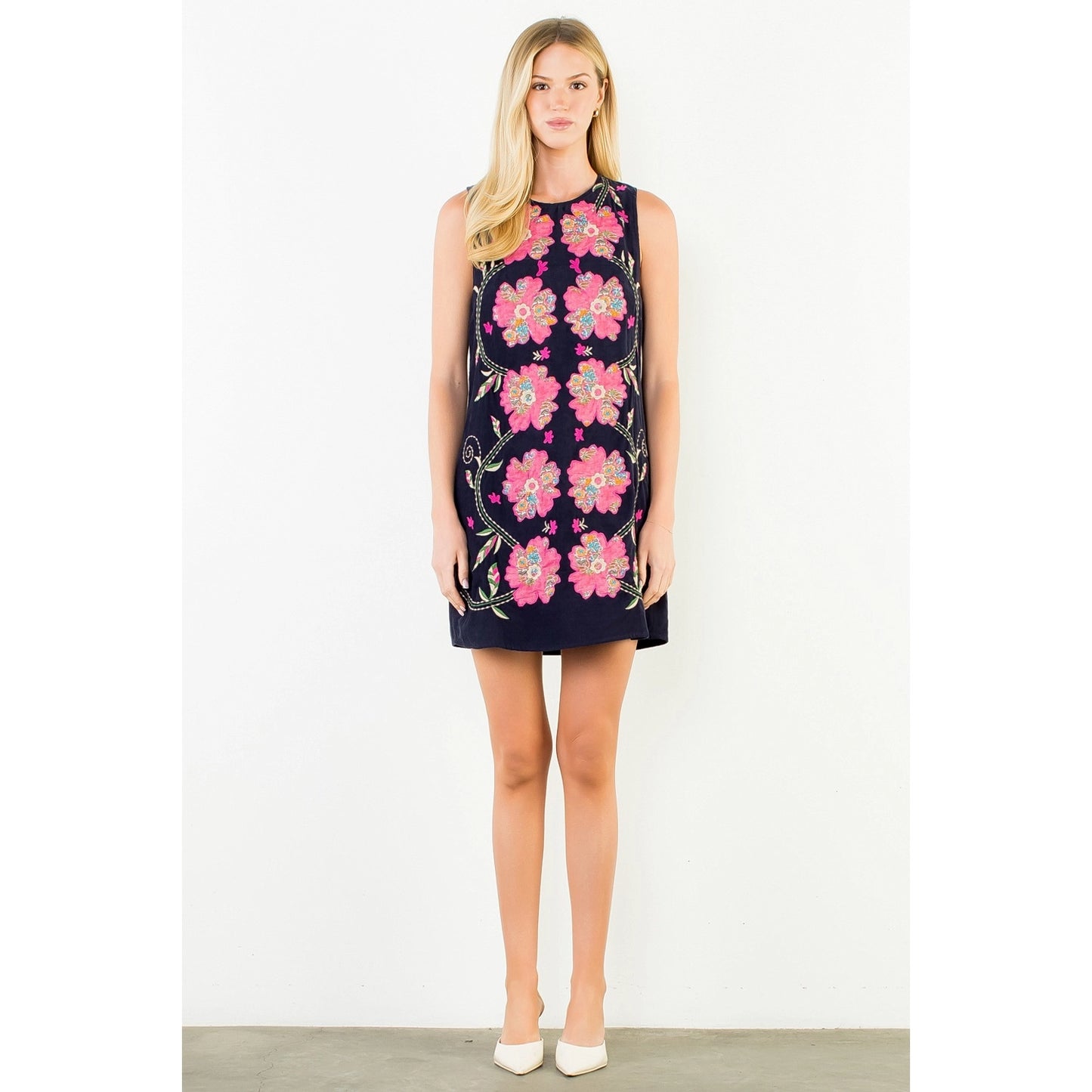Navy Corduroy Embroidered Dress