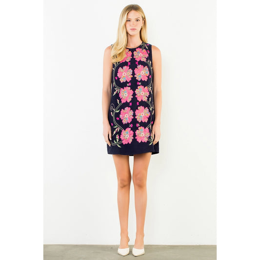 Navy Corduroy Embroidered Dress