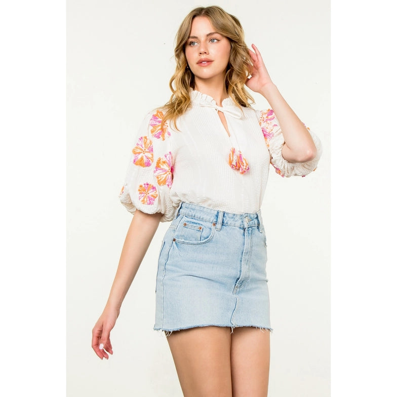 Hand embroidered puff sleeve top