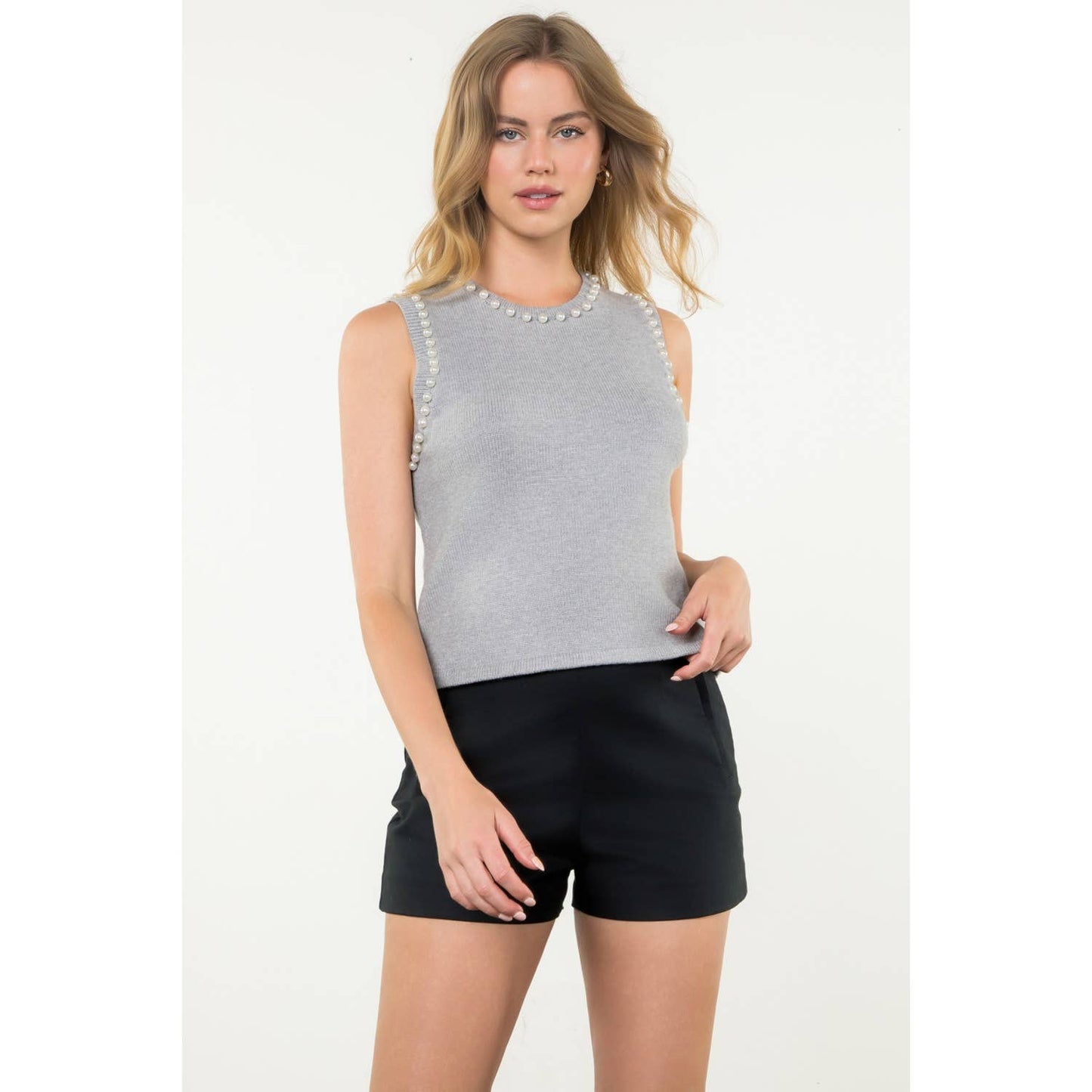 Pearl Trim Sleeveless Knit Top
