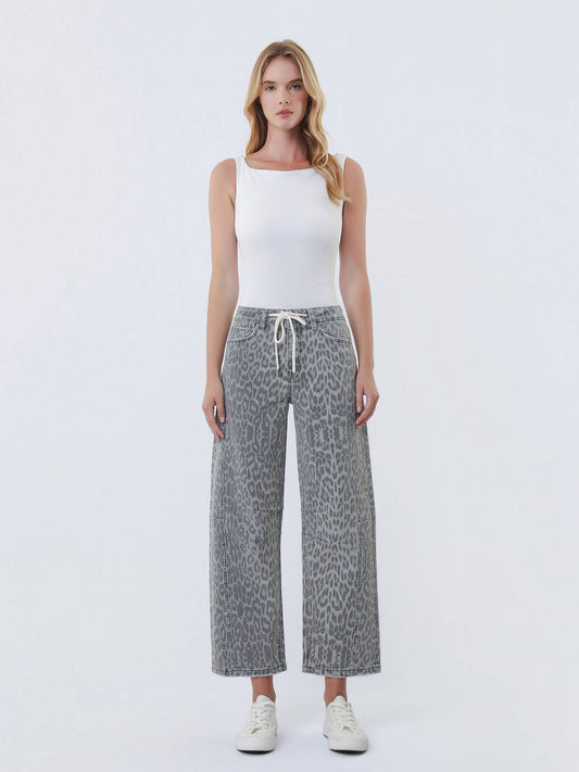 GREY LEOPARD BARREL JEANS