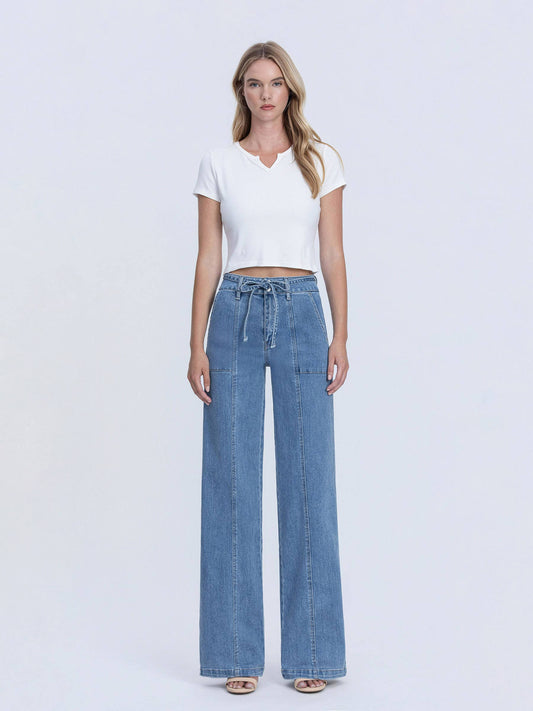 OLIVIA SUPER HIGH RISE TIE WAISTBAND WIDE LEG JEANS