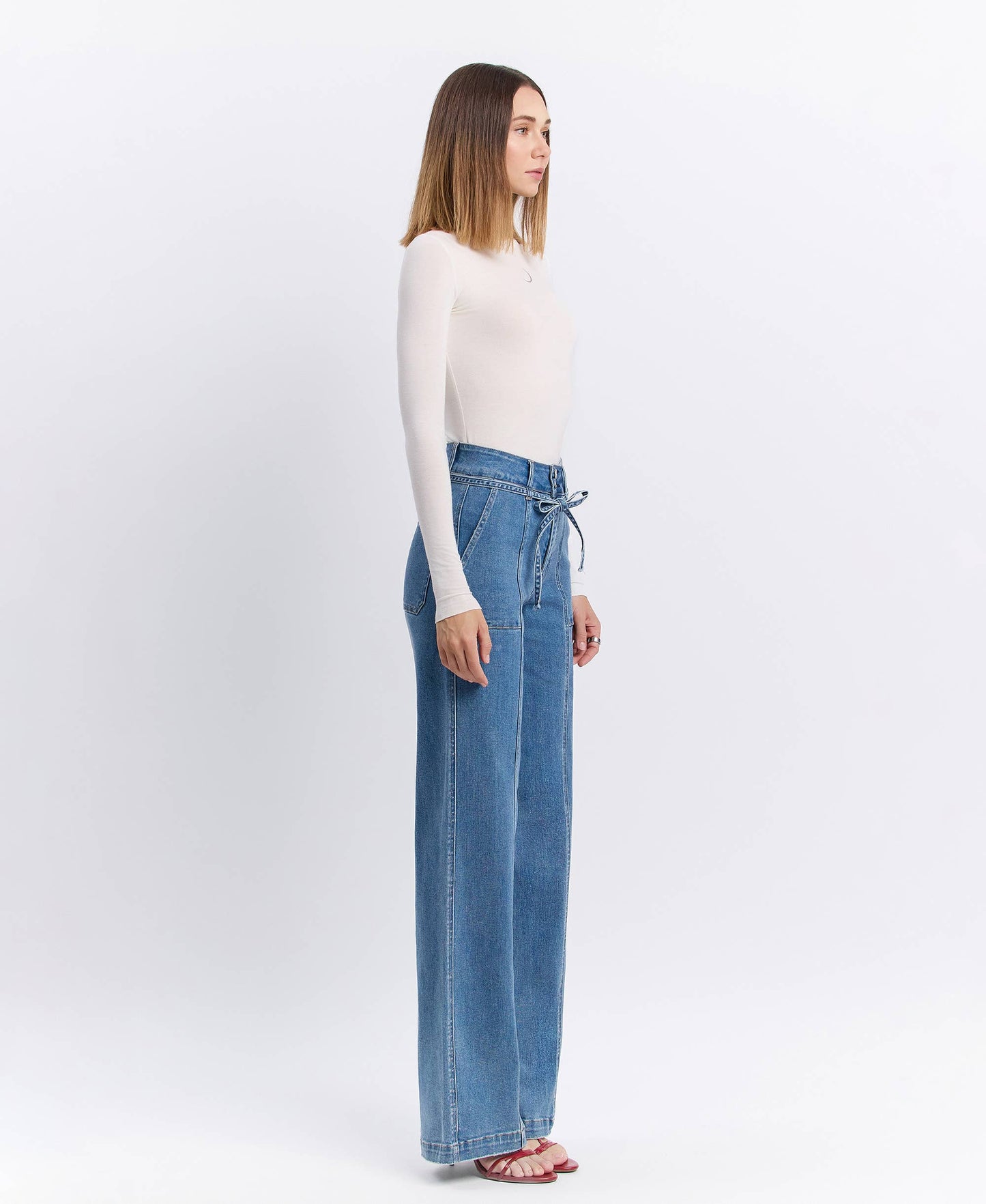 SUPER HIGH RISE TIE WAISTBAND WIDE LEG JEANS -Olivia