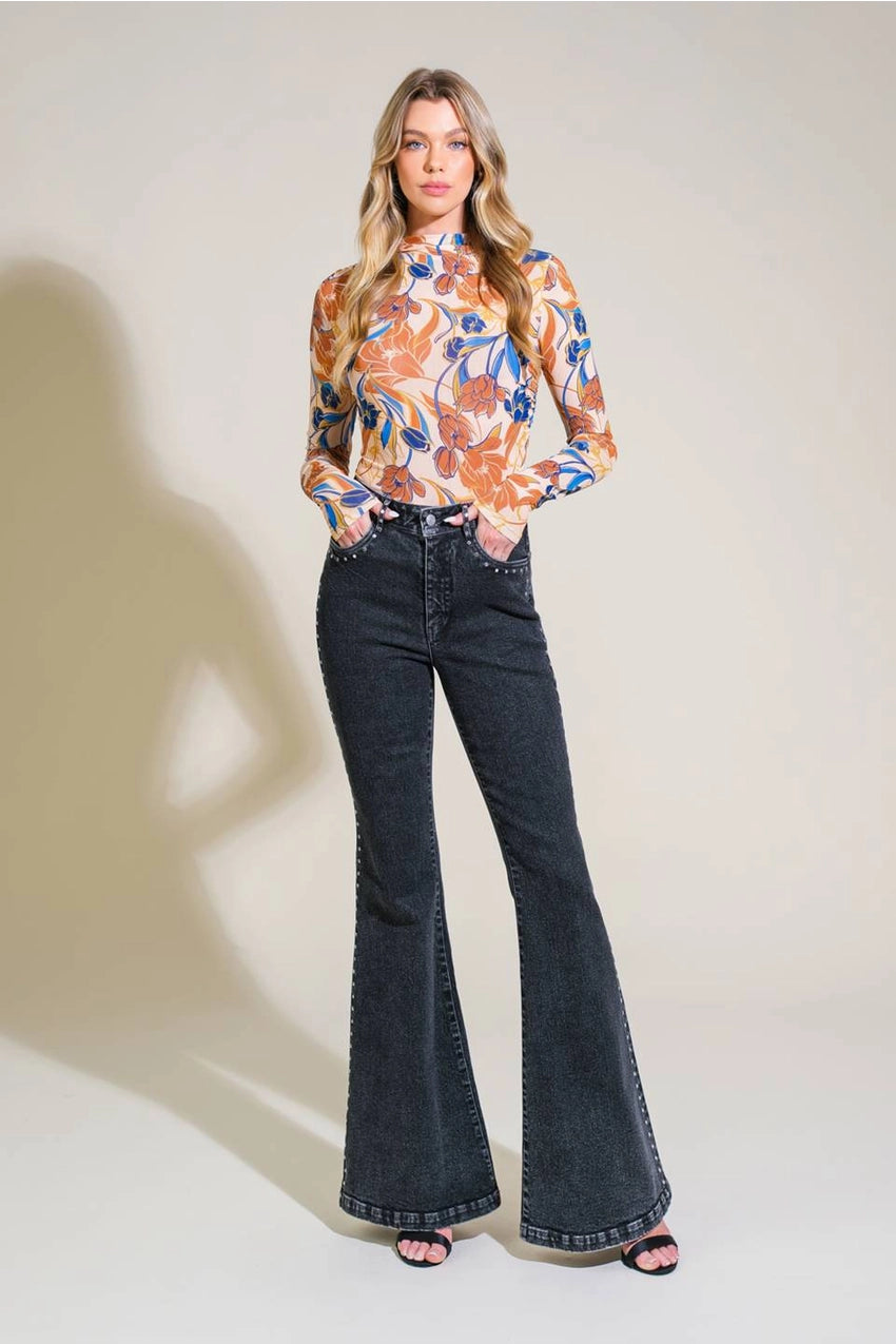 Maia Studded Washed Denim Flare Jeans