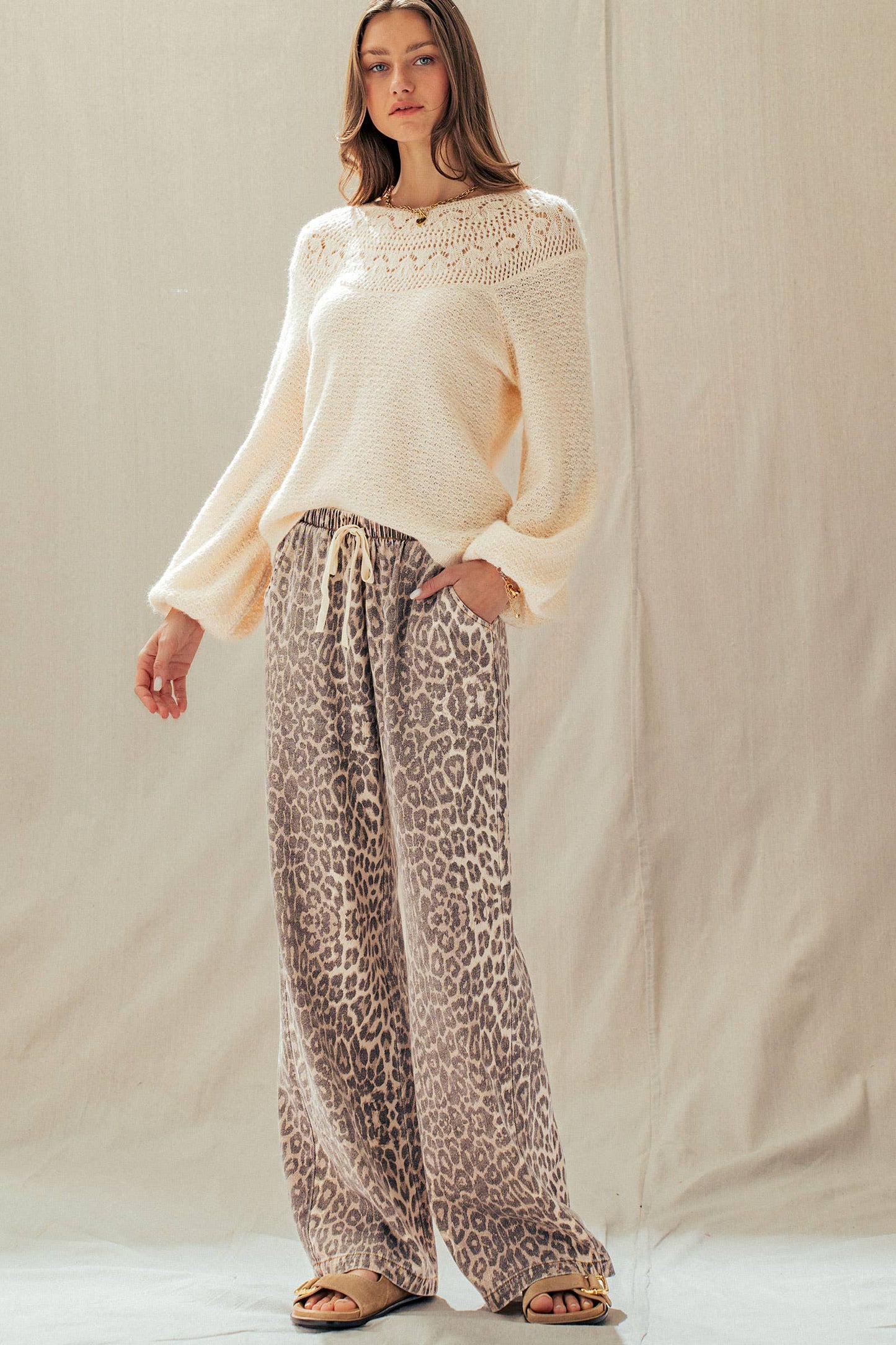 Leopard Print Wide Leg Cotton Pants