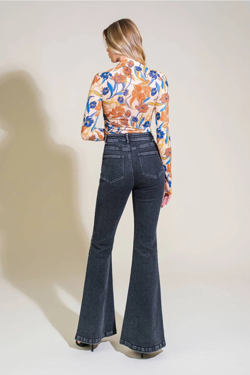 Maia Studded Washed Denim Flare Jeans
