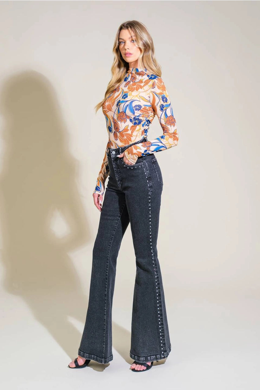 Maia Studded Washed Denim Flare Jeans