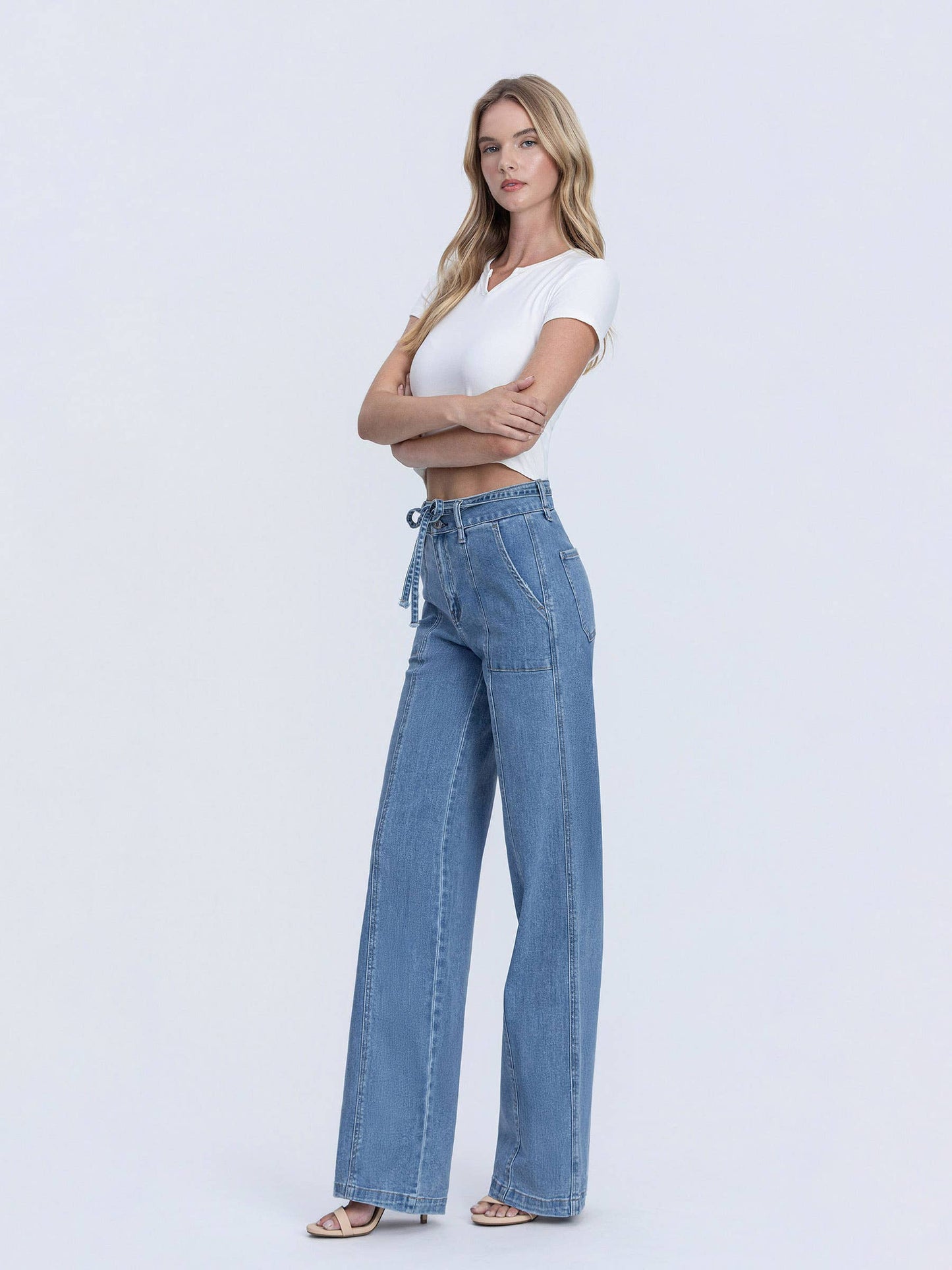 OLIVIA SUPER HIGH RISE TIE WAISTBAND WIDE LEG JEANS