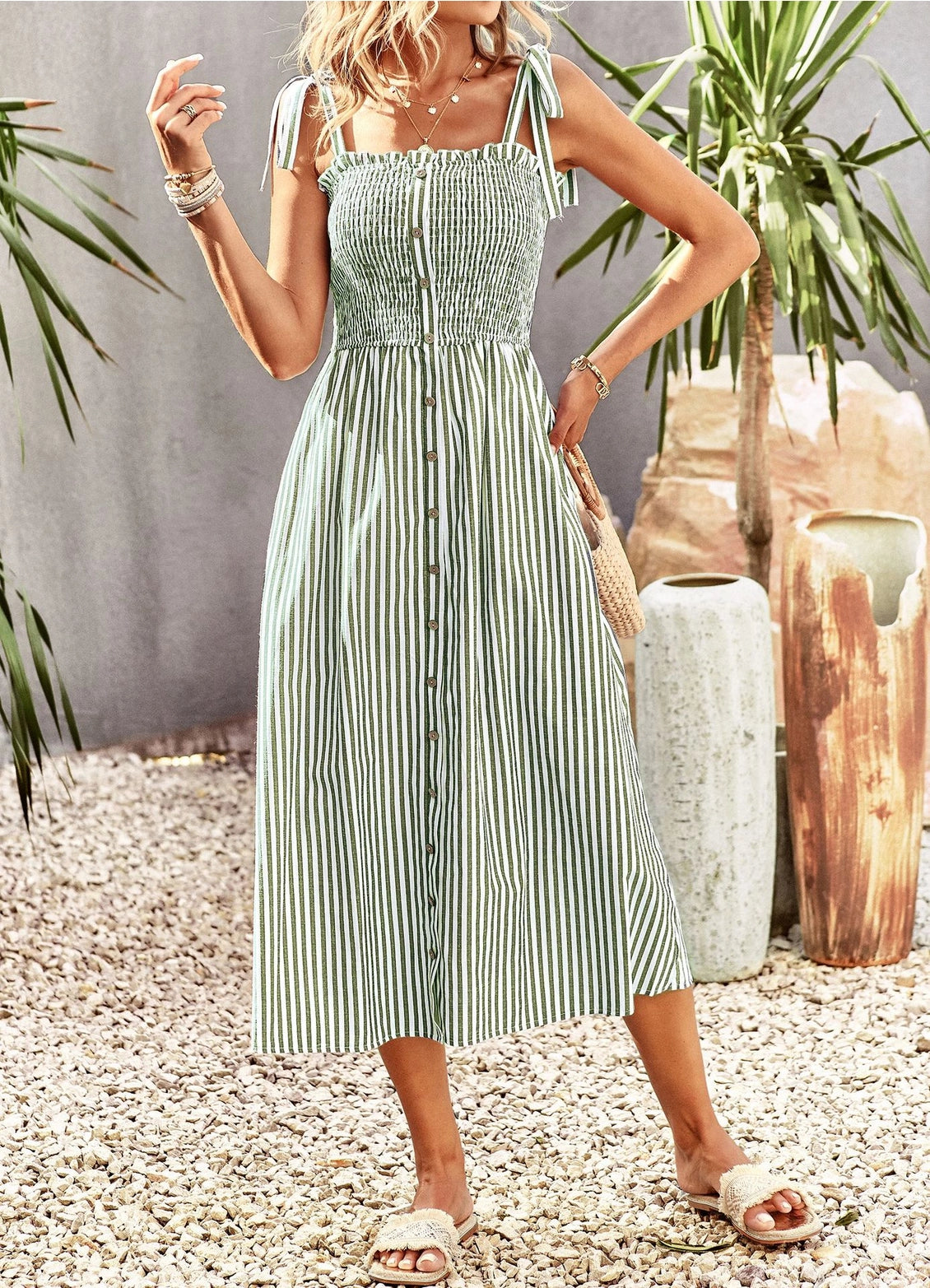 Olive Striped Button Down Tie Strap Midi Dress