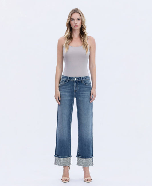 MID RISE MINERAL SILVER CUFFED SLIM WIDE JEANS