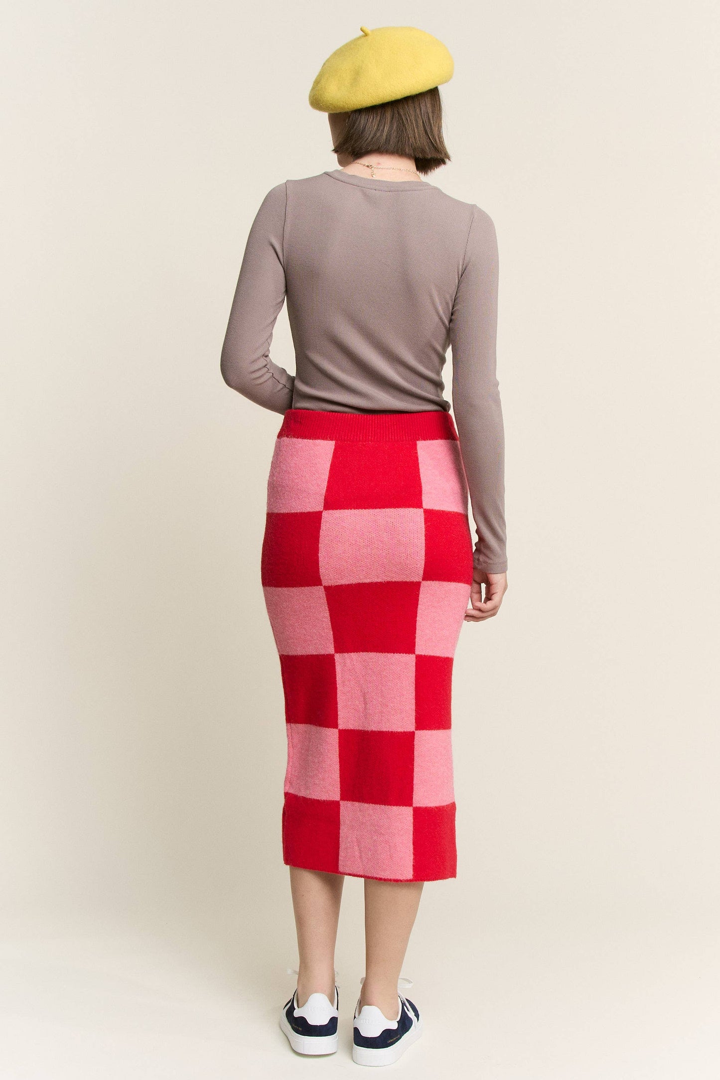 CHECKERED KNIT PENCIL MIDI SKIRT