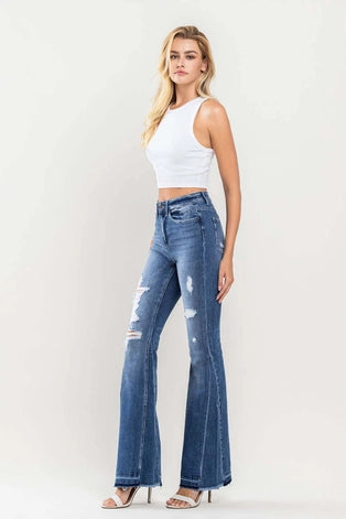 Gaia High Rise Distressed Panel Flare Jeans