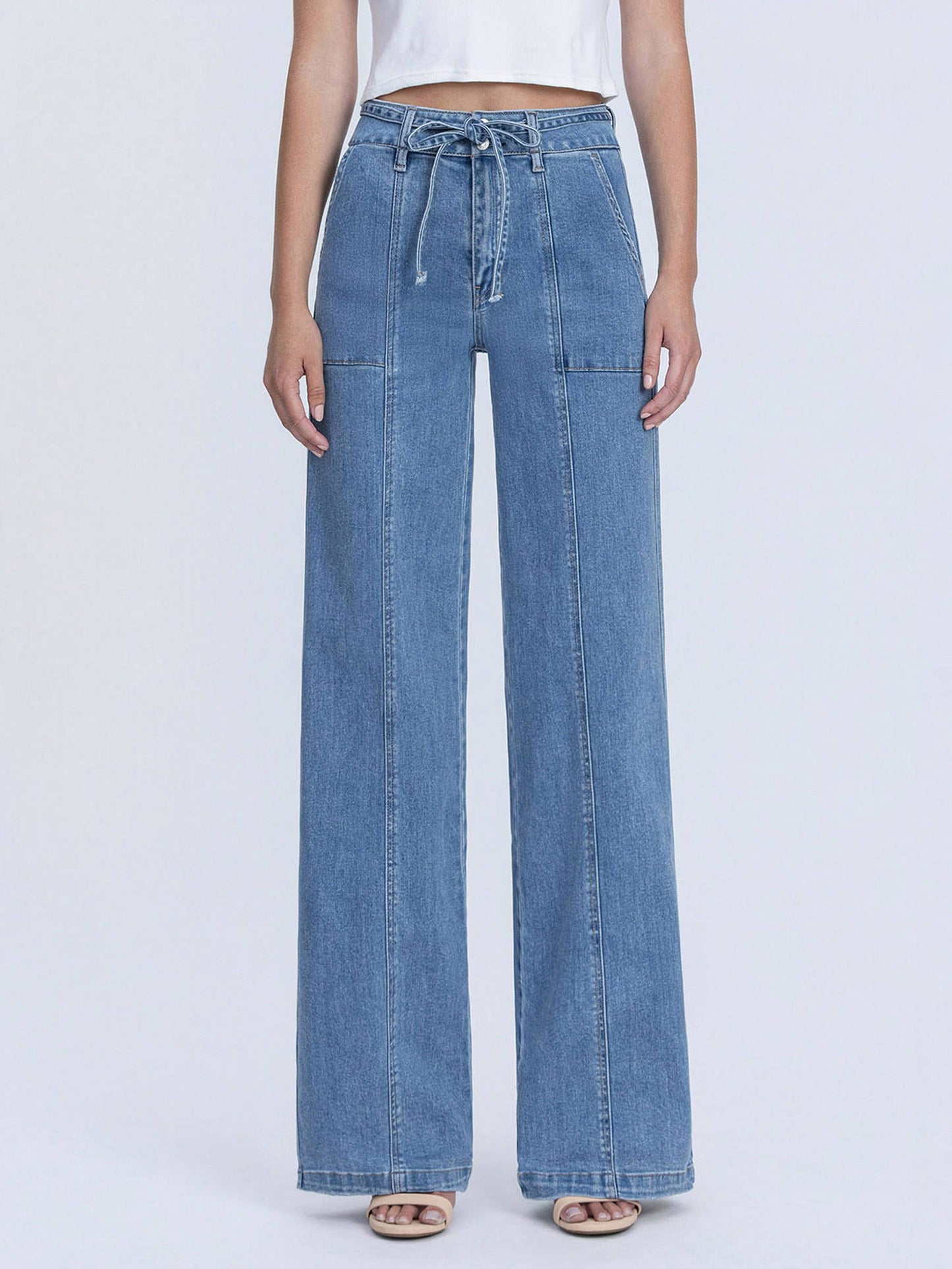 OLIVIA SUPER HIGH RISE TIE WAISTBAND WIDE LEG JEANS