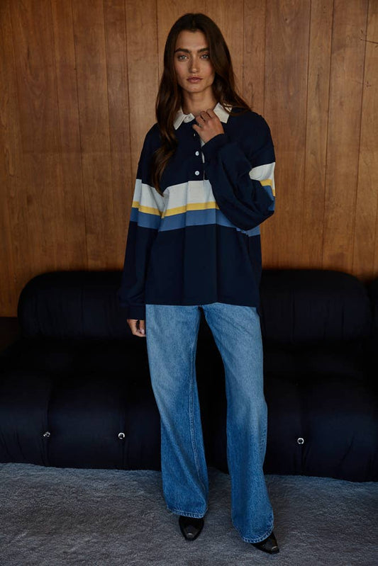 Knit Cotton Printed Striped Jersey Collar Pullover