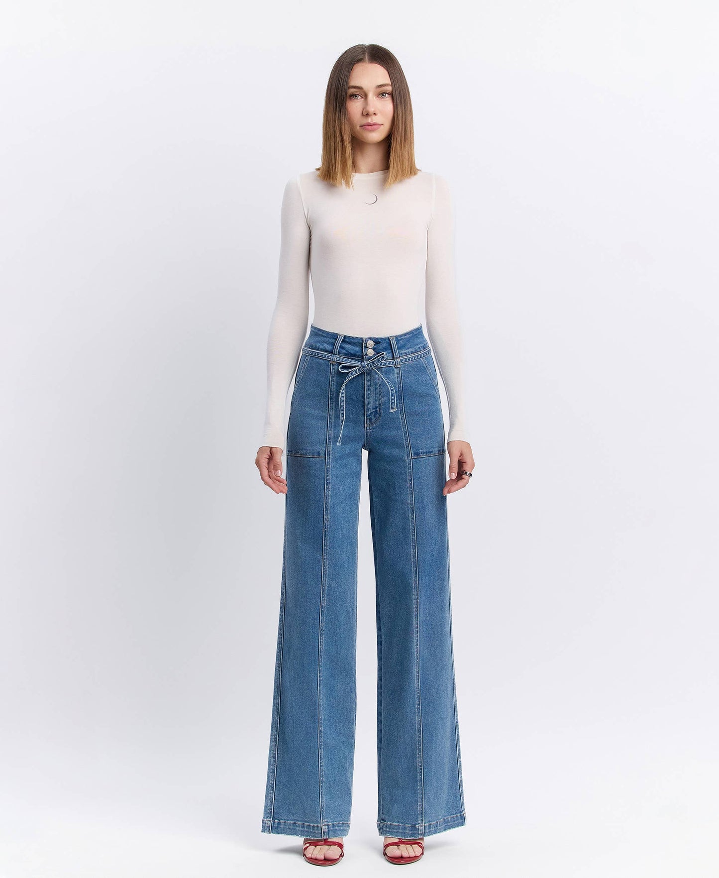 SUPER HIGH RISE TIE WAISTBAND WIDE LEG JEANS -Olivia