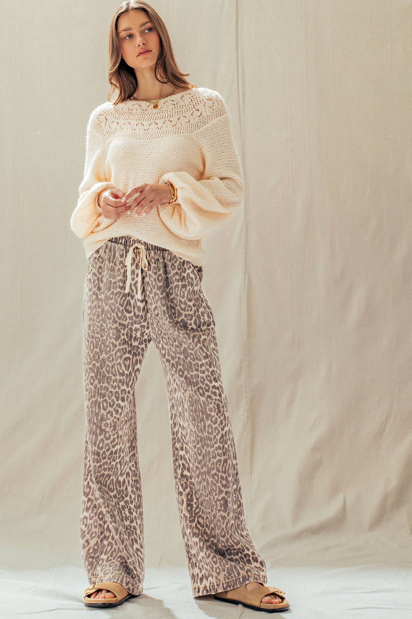 Leopard Print Wide Leg Cotton Pants