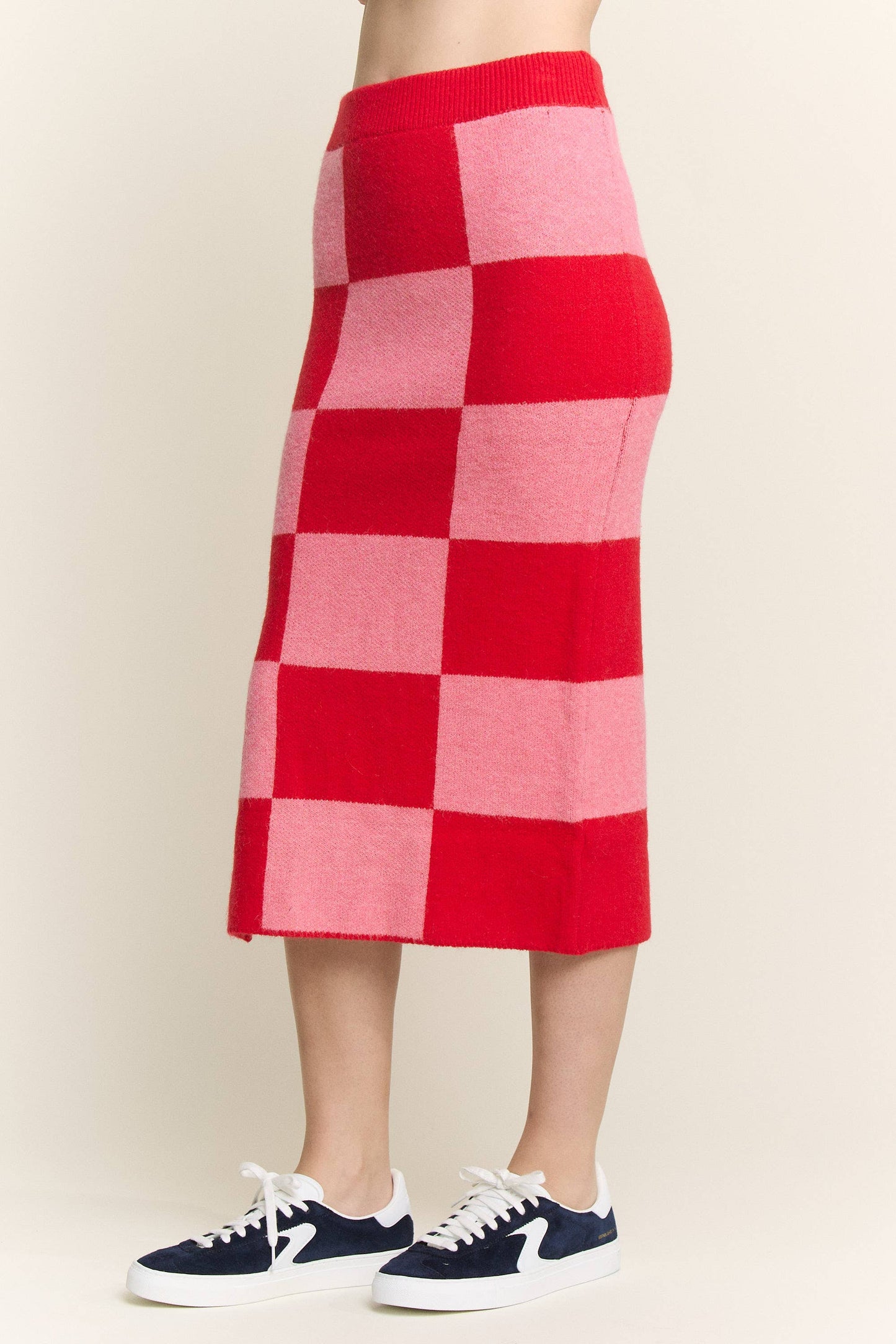 CHECKERED KNIT PENCIL MIDI SKIRT